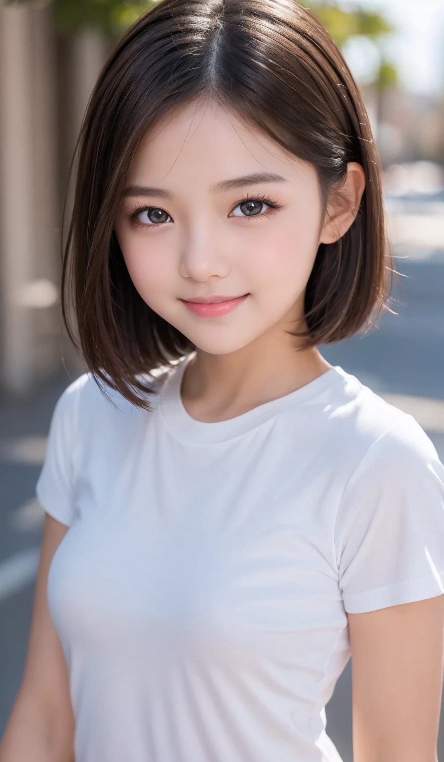 top-quality, Photorealsitic, 8K, hight resolution, 1girl in, femele, (Skindentation), (portlate:0.6), a gorgeous, ((White background, sport tank top, small tits:1.72)), ((Short straight hair, partedbangs:1.7)), Look at viewers, (1 Viewers looking into the eyes of a girl:1.6), Photorealsitic, (bokeh dof), (a smile, a closed mouth:1.3), a gorgeous, pureerosface_v1:1,