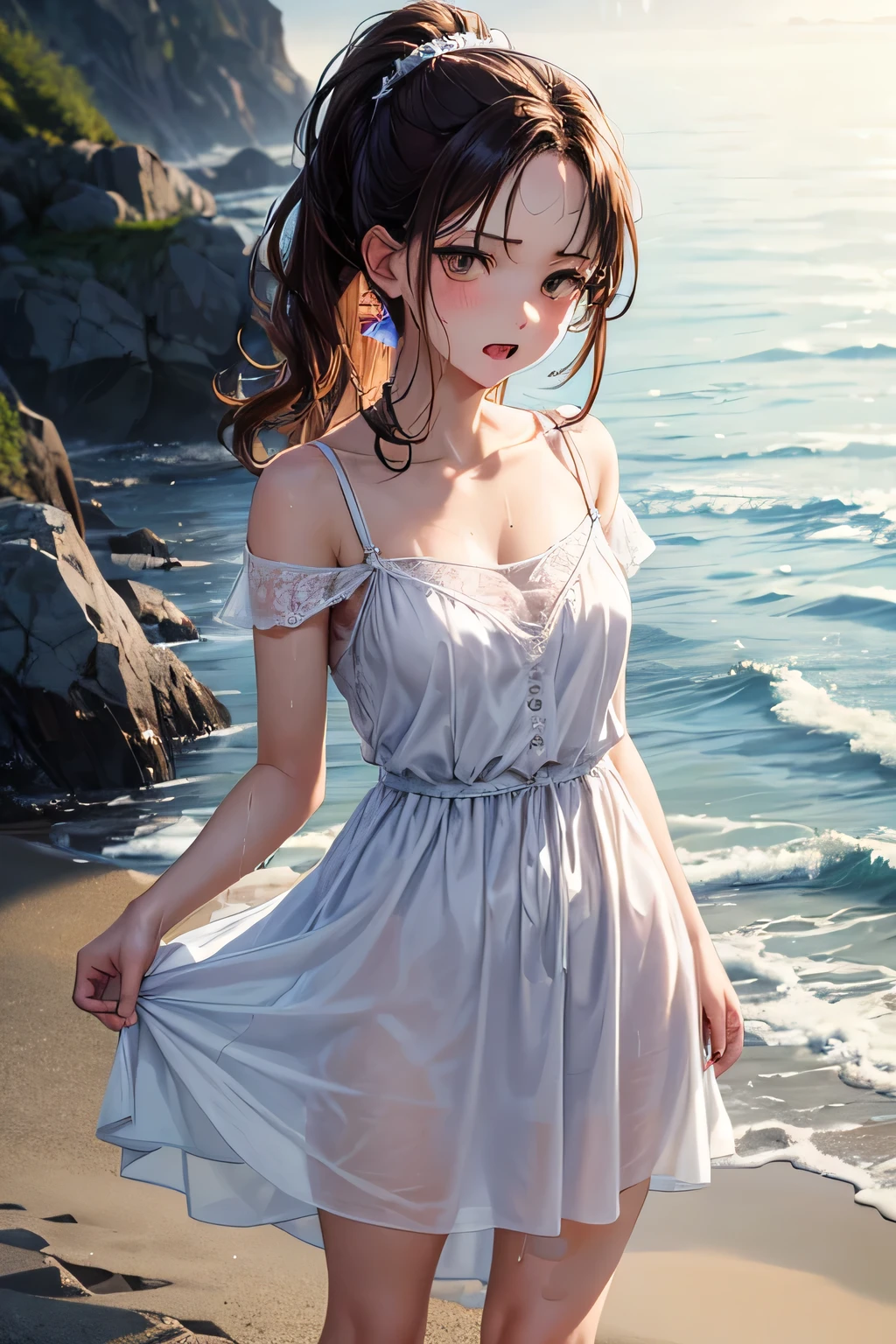 The Georgian girl at the sea, her flowing dress billowing in the wind, creating an ethereal sight. This exquisite oil painting captures her grace and vulnerability as she stands on the sandy shore. The soft hues of the sunset cast a warm glow on her delicate features, while the gentle wind delicately tousles her hair. The image radiates a serene beauty, immersing viewers in the tranquility of the moment.