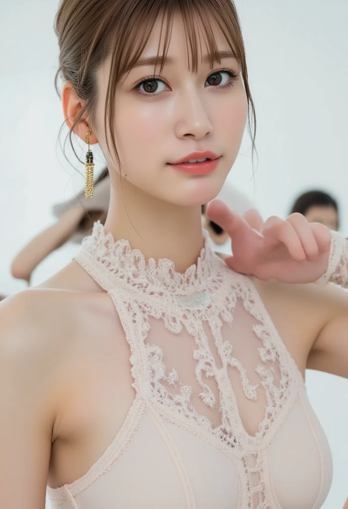 (best quality, masterpiece:1.2), ultra-detailed, highres, 4k, breathtaking resolution, intricate details, depth of field, hyper-realistic, dramatic lighting, 1girl, solo, detailed face, detailed eyes, realistic skin, hourglass waist, lace, intricate patterns, delicate lace trim, elegant dress, exquisite details