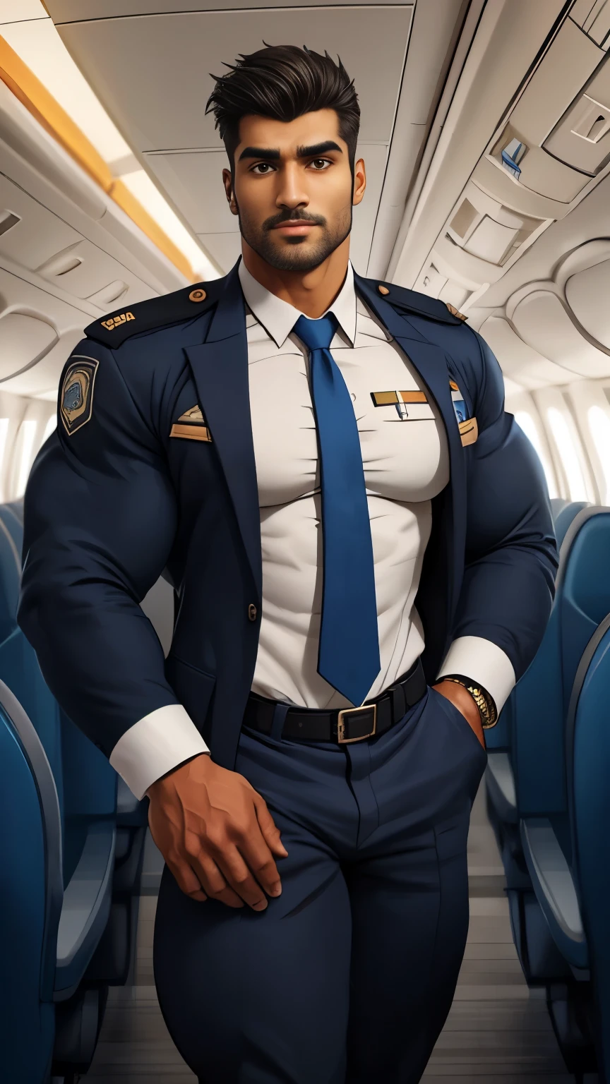 masterpiece, best quality, face, natural eyes, 1man, solo, big feet, black socks, full body, (in suits), large bulge, long legs, looking at viewer, 30 years old, muscled and mature, pilot, pilot in uniform, short haircut, blue eyes, topless, shirtless, open chest, eight-pack abs, sexy,