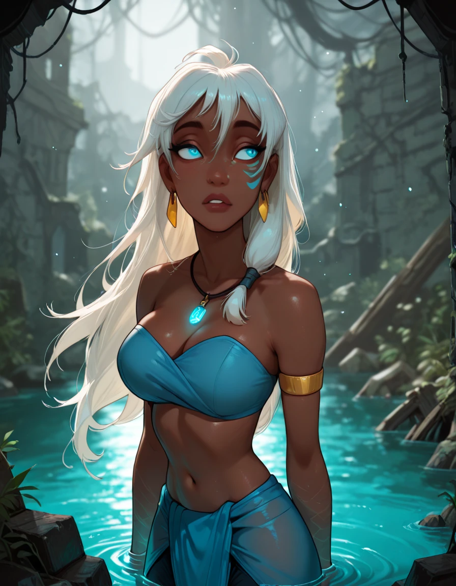 masterpiece, best quality, 1girl, kidagakash, solo, dark-skinned female, dark skin, long hair, white hair, blue eyes, necklace, facial mark, earrings, sea background