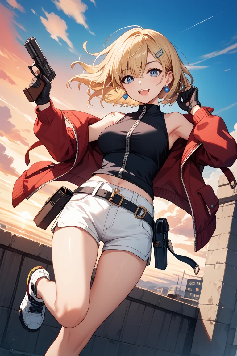(masterpiece),(best quality),(ultra-detailed),(best illustration),(best shadow),(absurdres),(detailed background),(very aesthetic), 1girl, solo, blonde-hair, braid, boots, ahoge, shorts, gloves, fingerless-gloves, open-mouth, belt, socks, red-jacket, smile, breasts, black-socks, scarf, single-braid, reverse-grip jacket, side-braid, cleavage, medium-breasts, simple-background, kneehighs, green-eyes, looking-at-viewer, cropped-jacket, purple-scarf, bandana, red-footwear, kirisame-marisa, blush, knee-boots, standing, short-hair, open-jacket, shirt, black-gloves, :d, short-shorts, short-sleeves

