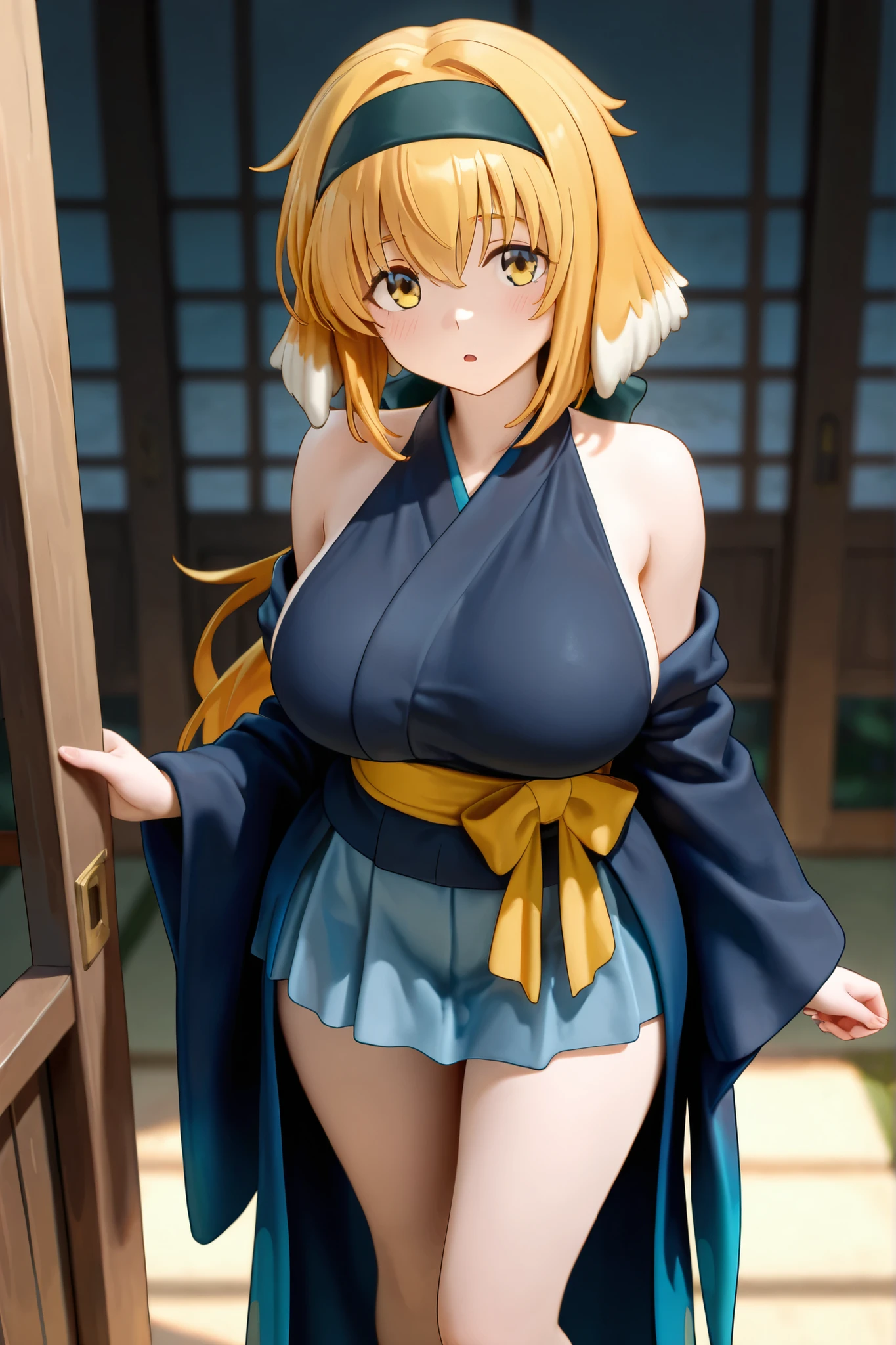 masterpiece, best quality, beautiful art, high resolution, well formed hands, body and fingers, 1 woman, solo, Lumine , blonde, hair ornament, adult, grown up, big breasted, cleavage, full body, braided long hair, blue_japanese_clothes, wearing DOA Kasumi's blue kunoichi dress, sexy and skimpy japanese clothes, kimono peek, sleeveless, white stockings, gorgeous legs and thighs, dancing seductively and erotically, turning backwards and forwards, showing her back and front, showing her butt, t-back,, white thong, smiling joyfully, looking at the viewer, flirting, beach environment
