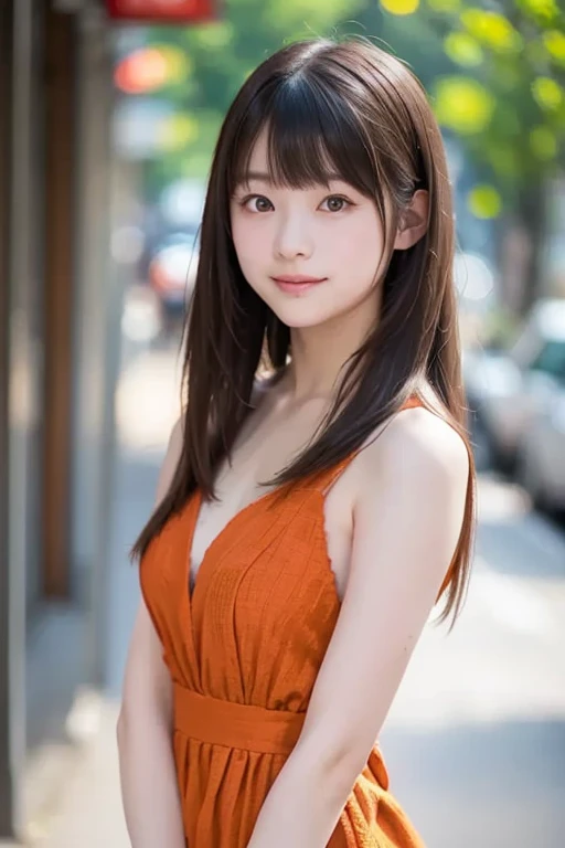 (top-quality、16K resolution) natural soft light、A Japanese Lady、Looking at the camera、Concrete background、Facing the front、is standing、long、Woman in her late teens、Light bangs、Salon model、Natural look、portlate、floated hair、