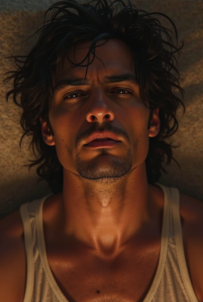 man with curly hair being tortured by gods while a shadow surrounds him offering him the power to get out of this situation