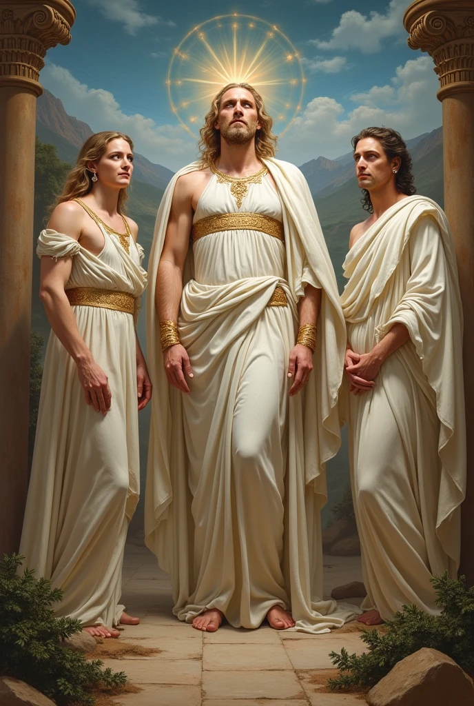 full body, naked, three females knee greek with cloak, female greek take a bath, painted of rugged zeus and queen hera, god of thunder, female greek god, white hair, masculine, mature, handsome, upper body, muscular, hairy torso, fantasy, intricate, elegant, highly detailed, digital painting, artstation, concept art, smooth, sharp focus, illustration, art by gaston bussiere and alphonse mucha, almost naked