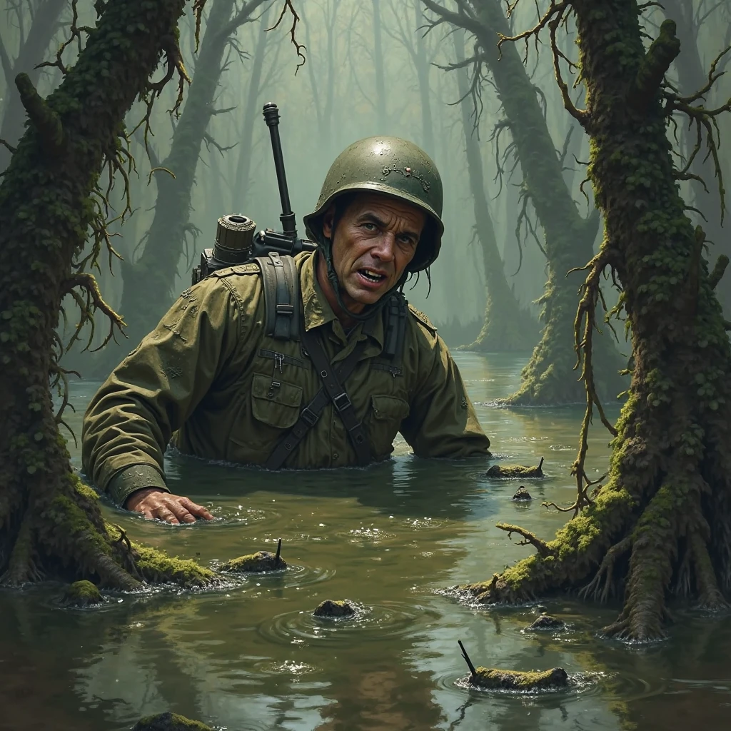 a soldier crawling through a trench in the rain, mud, war, highly detailed, intricate, horridtarot