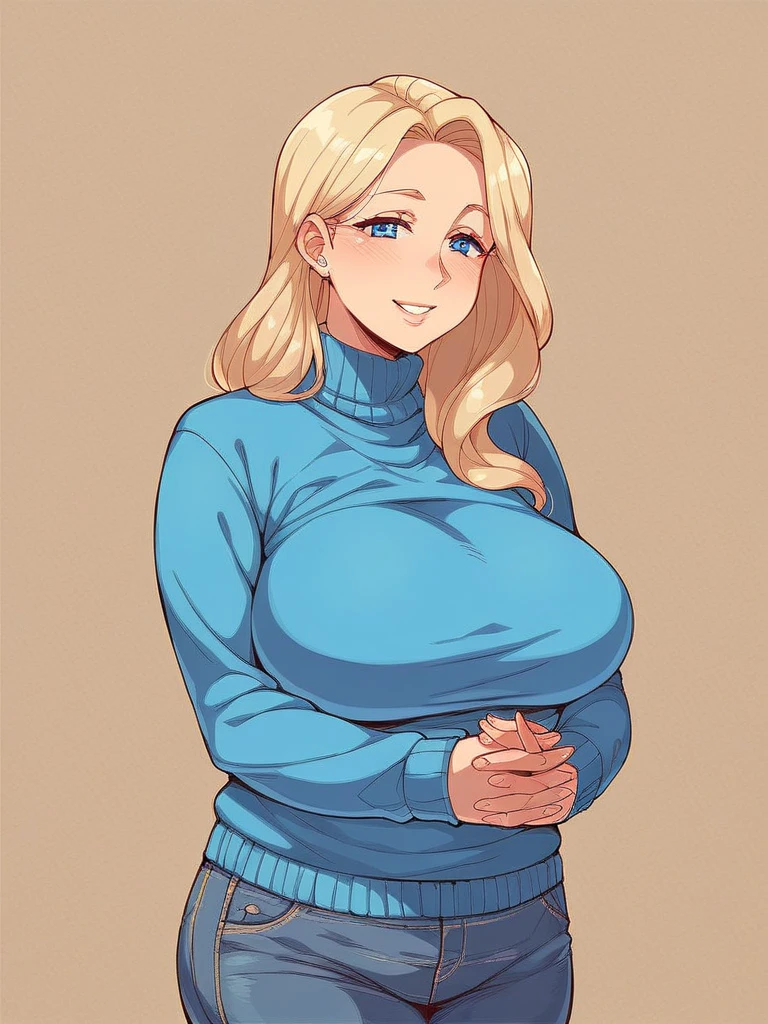 minko, intricate details, masterpiece, absurdres, best quality, realistic, Highest Quality, looking at viewer,( warm wool sweater), 1girl, blonde hair, busty, cute face