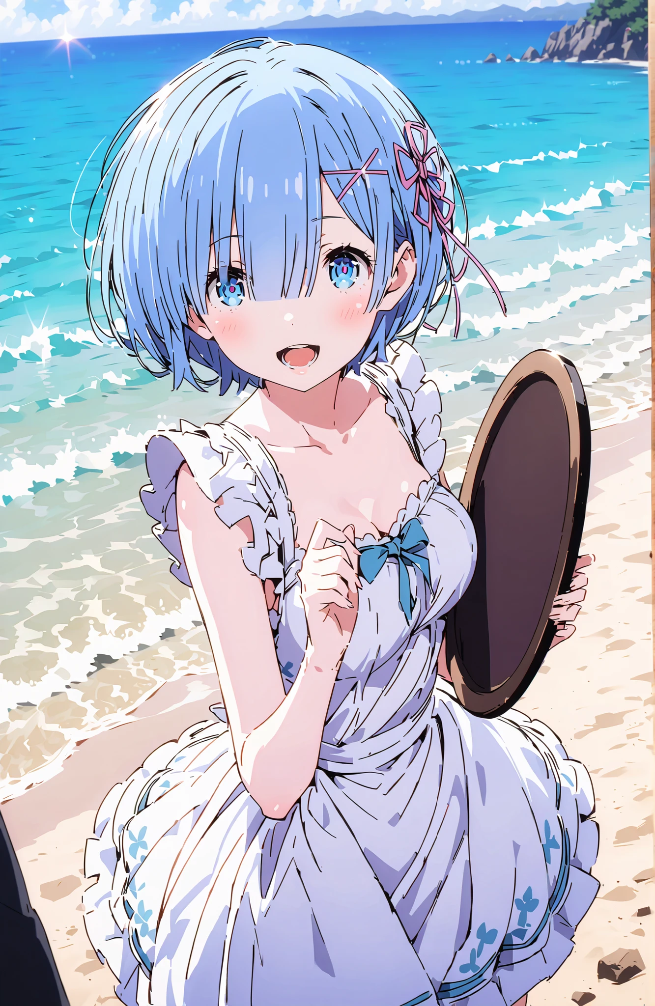 Rem, blue eyes, blue hair, hair ornament, hide your right eye with bangs, hair ribbon, short hair, x hair ornament,Medium breast,blue string bikini,Bare legs,bare feet,トレイ on the one hand,standing,smile,blush,open your mouth,tray topped with tropical juice,strandパラソル,Round table and chair,full bodyがイラストに入るように,in their 40s looking at viewer,full body,
in their 40s outdoors,strand,sea,
in their 40s (masterpiece:1.2), best quality, high resolution, Unity 8Kの壁紙, ( 's art :0.8), (beautiful detailed eyes:1.6), very detailed face, perfect lighting, highly detailed CG, (perfect hand in h, Perfect Anatomy),
