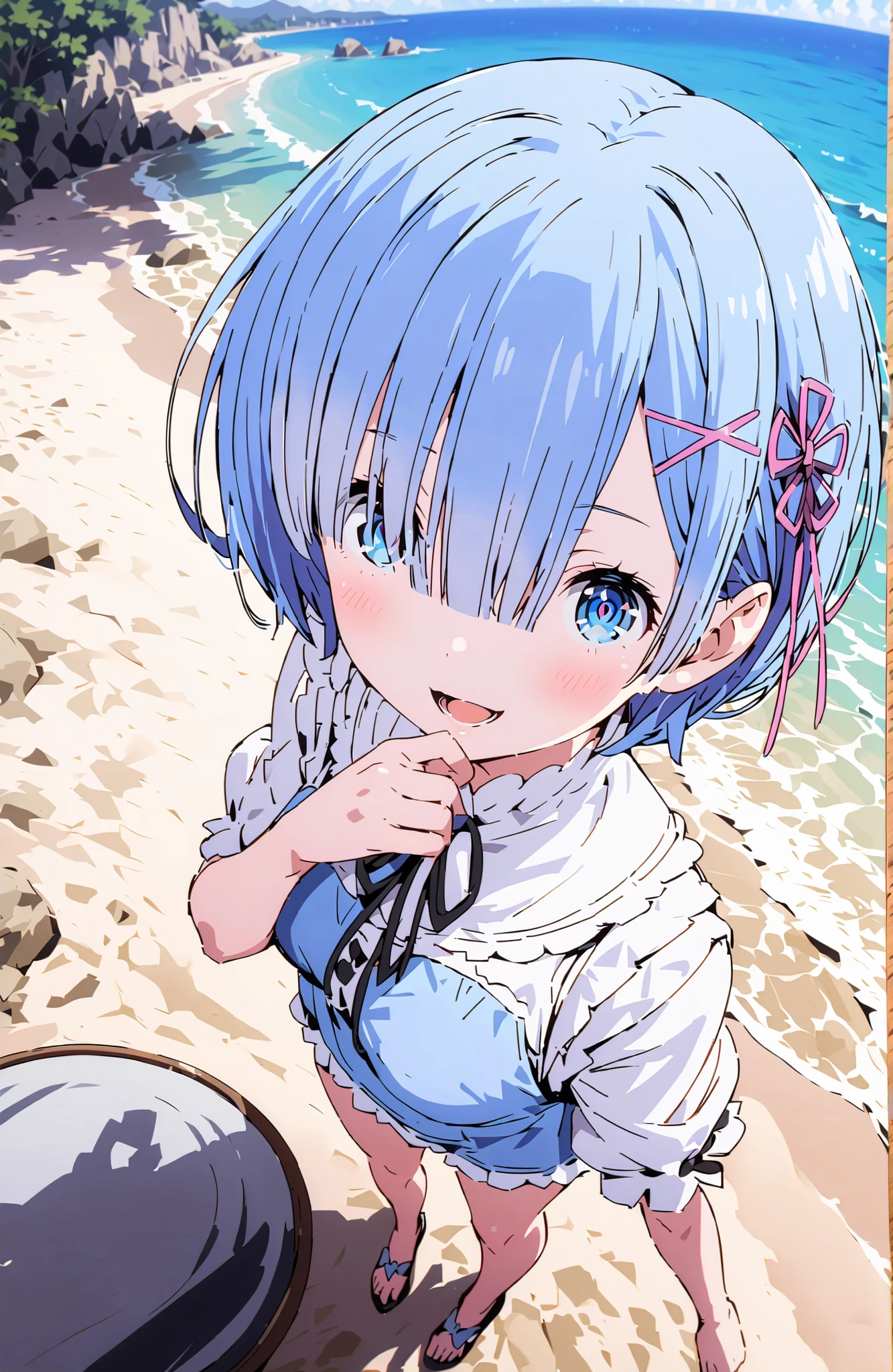 Rem, blue eyes, blue hair, hair ornament, hide your right eye with bangs, hair ribbon, short hair, x hair ornament,Medium breast,blue string bikini,Bare legs,bare feet,トレイ on the one hand,standing,smile,blush,open your mouth,tray topped with tropical juice,strandパラソル,Round table and chair,full bodyがイラストに入るように,in their 40s looking at viewer,full body,
in their 40s outdoors,strand,sea,
in their 40s (masterpiece:1.2), best quality, high resolution, Unity 8Kの壁紙, ( 's art :0.8), (beautiful detailed eyes:1.6), very detailed face, perfect lighting, highly detailed CG, (perfect hand in h, Perfect Anatomy),