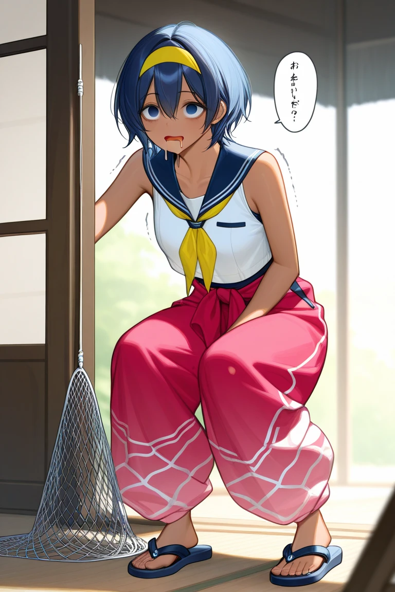 2 Asian girls, anime girls, both farting together side by side, desperate to poop, farting while standing, farting in public changing room, wearing sports clothing, hijab, stomach bloated, hands hugging stomach, pained expression, shocked and embarrassed, mouth open in shock, sweating, blushing, beautiful and cute face, anime art style, fit body, tall and thin, view from side, legs spread apart