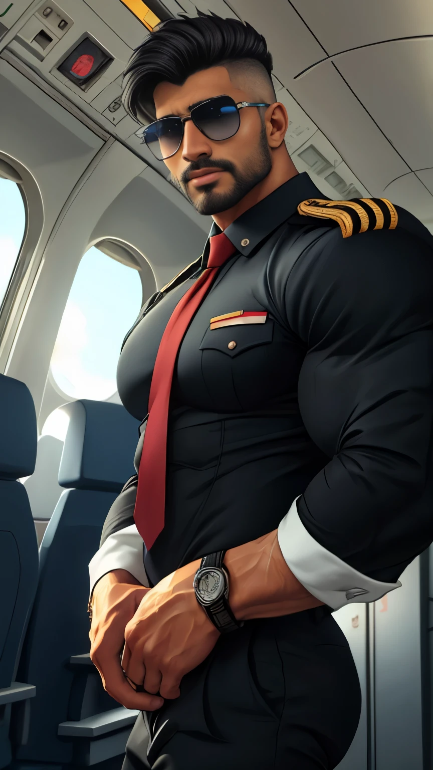 portrait, Hot pilot, airplane, formal shirt, tight trouser, tie, muscular, beefy, formal wear, tight clothes, fully clothed, hairy arms, beard, cute, full body, well built, intricate details
