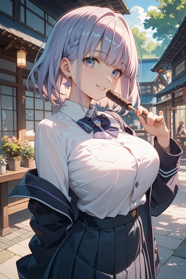 ((masterpiece, Highest quality, Super detailed)),8K,One girl,((super fine illustration)),((cute eyes,highly detailed skin)),((well endowed,Blessed,Captivating body、Detailed Background))、(umbrella、Heavy rain:1.4) ,(see-through,Funoel, short hair, X Hair Ornament, Green Eyes, Blue bow tie, White shirt, Collared shirt, Black Skirt, Checked skirt, Pleated skirt, mini skirt,smile、Embarrassed )