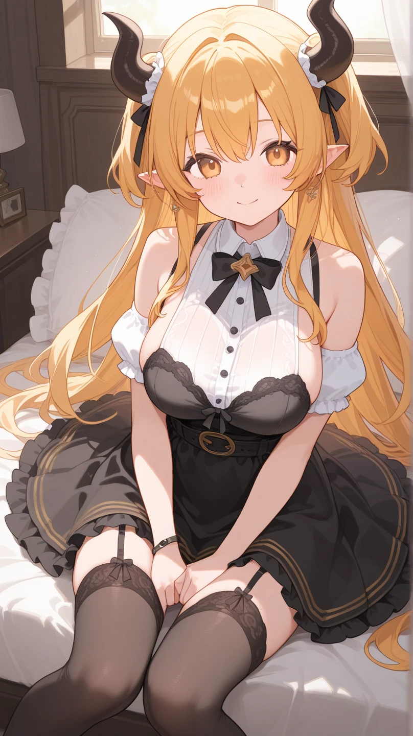 ((highest quality)), ((masterpiece)), (Become familiar with), Perfect Face,Light golden hair,Medium Long Hair,Down Bangs,Eyes without highlights,Desaturated crimson eyes,Drooping eyes,A sloppy, relaxed look,Black choker,tall,slender,Big Breasts,naked,Black pumps,slender,19 years old,Push your hips forward,Bedroom,