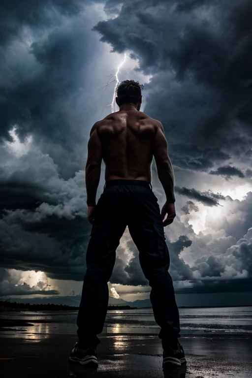 a person standing in the middle of a body of water, an epic scene reminiscent of zeus, with elden ring cinematic lighting, vibrant and colorful lightning effects, cinematic atmosphere, inspired by fabian wagner cinematography, resembling the epic light scenes in "tron legacy," and featuring stunning moody cinematography. this could be a still frame from a movie or a music video with a metahuman character in the lead role, captured in cinematic cgsociety style, showcasing the dramatic use of cinematic lightning and colors.