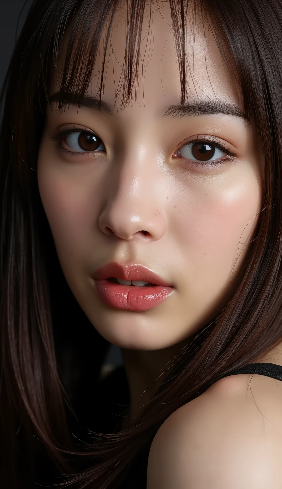 one beautiful woman、 masterpiece, accurate, nsfw, Super Detail, advanced details, high quality, Award-winning, best quality, 16k, perfect anatomy, (( front view, upper body)), Ultra High Resolution Hair , brown hair, long hair, detailed face, realistic textured skin, focus on the face, flabby lips, , ( nudes:1.3), black background, (((A seductive look、A seductive look、A seductive look、 the climax of ecstasy 、 the climax of ecstasy 、 the climax of ecstasy ))), (full body:1.3)