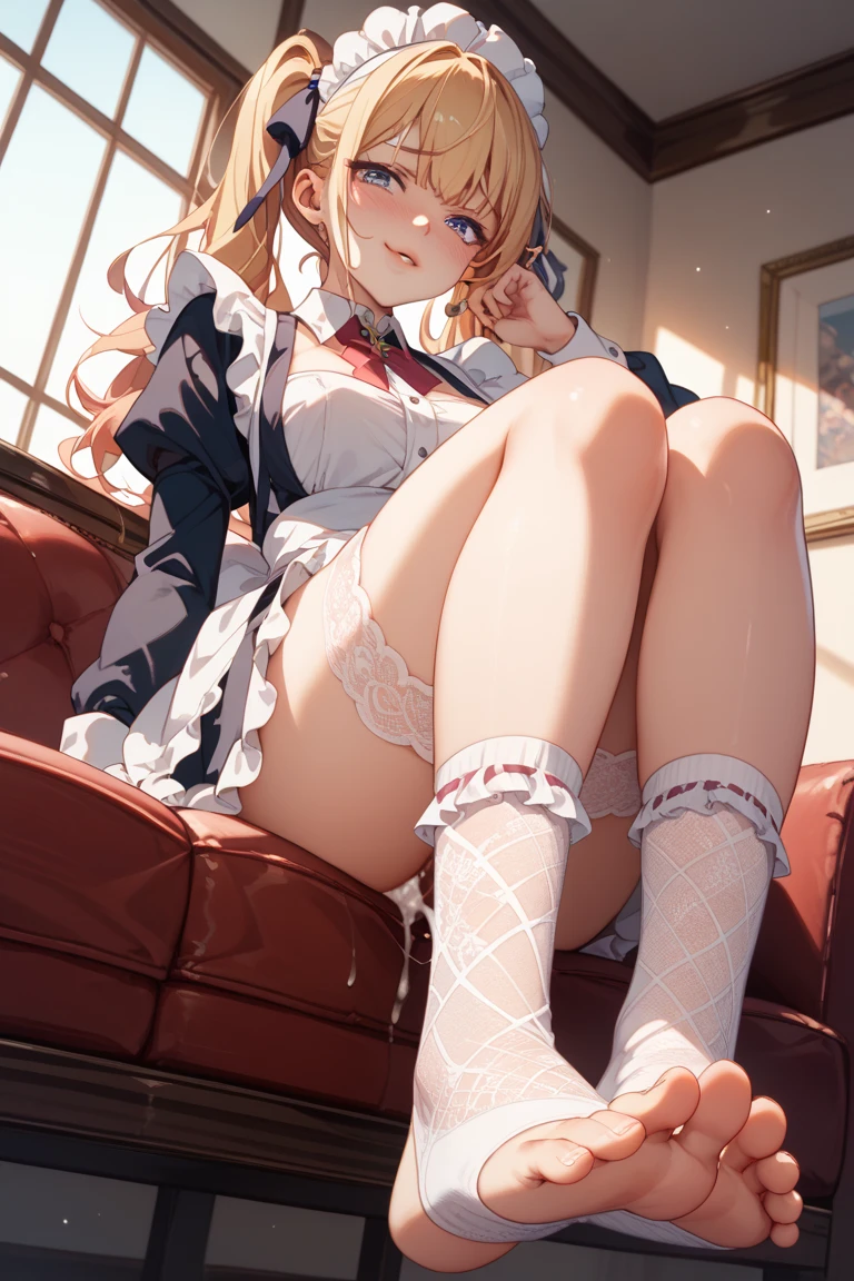 1girl, Kitagawa Marine, sono bisque doll wa koi wo suru,White garter stockings,Sitting,throne,masterpiece, best quality,1girl, makima \(chainsaw man\), chainsaw man,Sexy thighs, Look from the feet, Soles, , very beautiful、White garter stockings