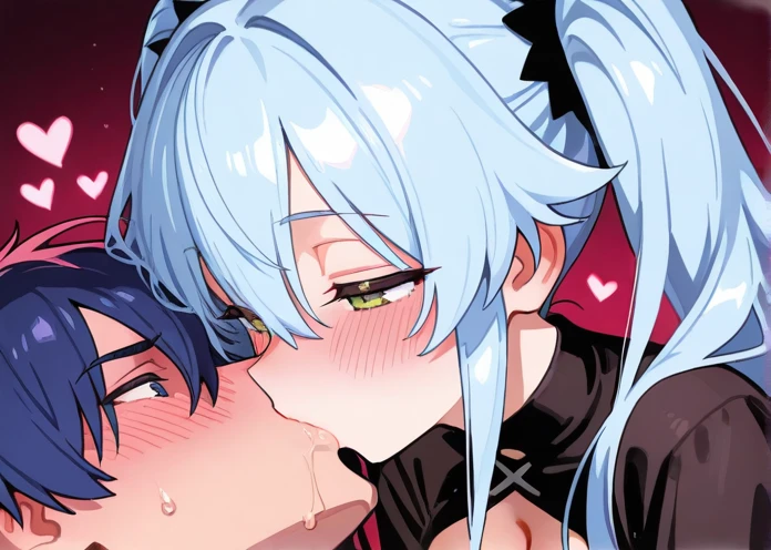 highest quality, Super detailed, masterpiece, アニメ, One Girl, alone, Cure Sky,Blue Hair,Long Hair, Feather hair ornament, Black Gemstones, Are standing, blush, (Beautiful fine details), Highly detailed face, Perfect lighting, Highly detailed CG, (Perfect hands, Perfect Anatomy), Shiny material, Blue ribbon, jewelry, Latex gloss,Red Eye,dark aura,Straight hair,Nude,His hands are tied above his head,spoken heart,heart,nsfw,fellatio,open mouth,vaginale,Sex,cum on tongue ,On the bed、Inside the room、cum on head,cum on body,excessive cum