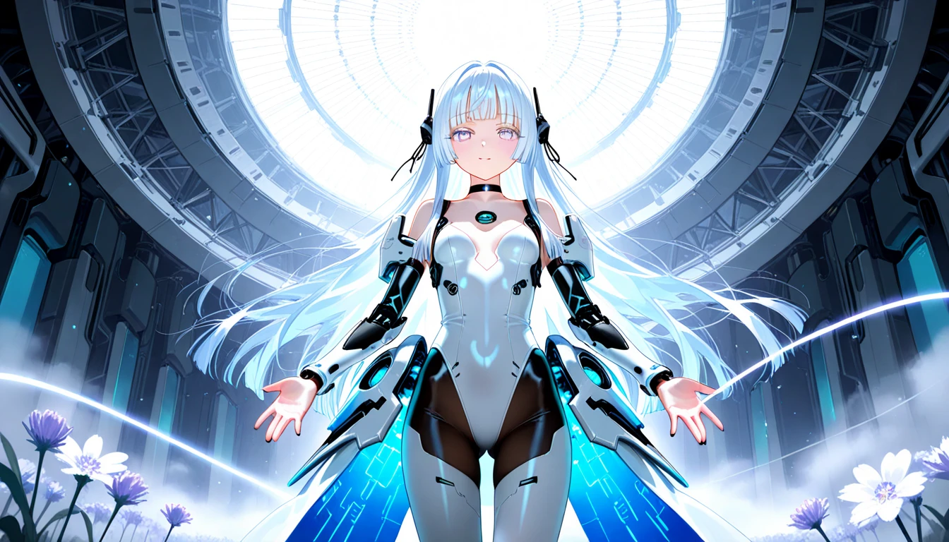 masterpiece, best quality, rich and colorful, Cowboy shooting, (pale skin:1.2), flat chest, Mecha, armor, girl,Mechanical_Body, high resolution, white hair, Very long hair, ahog, , alone, blue eyes, white coat, Soft fabric waist extension, blue energy, destroy, quantum energy, Mechanical wings