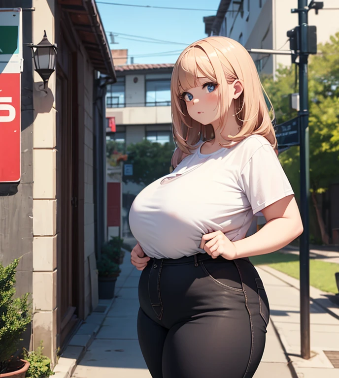 A curvy tall woman in her 20s. With an extremely voluminous body, blonde, with giant fat heavy breasts, returning from the supermarket with a shopping bag and looking at me with a smile, Chubby belly,