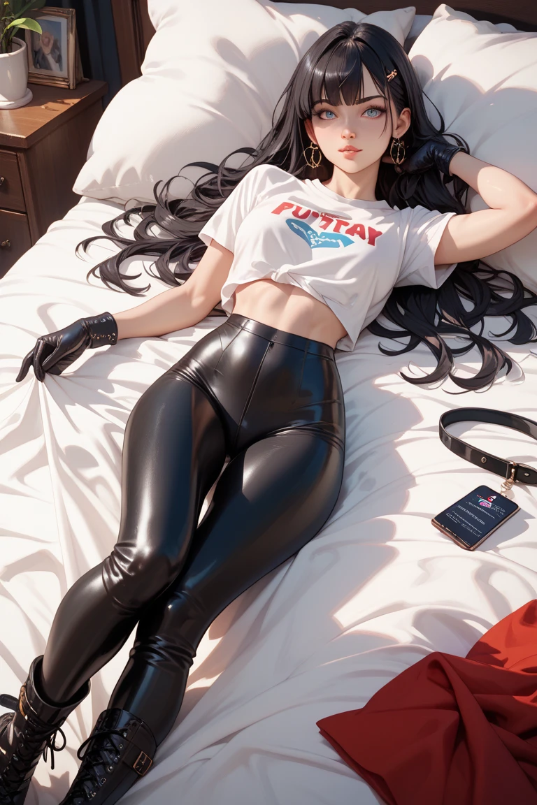 High quality 8k a realistic beautiful pale-skinned woman with black hair and tight leather suit with long leather pants unconscious and Barefoot with black toe nails