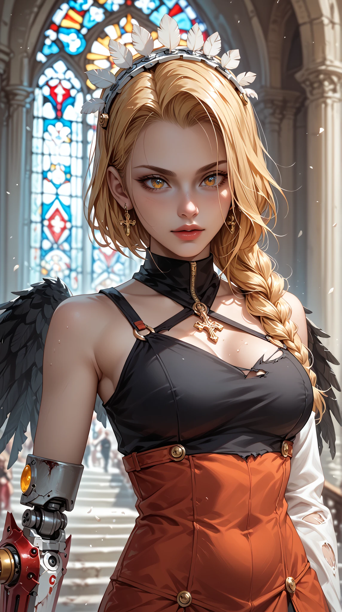 Sexy angel woman, two giant golden wings, shiny white skin, she is standing, full body, long legs, thin waist, chain attached to her nipples, giant breasts, topless, chains around her body, huge hard nipples, chain thin piercing and connecting one nipple to the other, chains hanging from the giant nipples. (work of art), (topless), (HD quality), huge nipples connected by thin chains, provocative and sensual, erotic, enchanting, seductive. Bright clouds, daytime, intense shadows, spooky scenery. The angel woman is standing in the middle of many flowers, she is trapped, chained to rocks, stones, surrounded by flowers and plants.