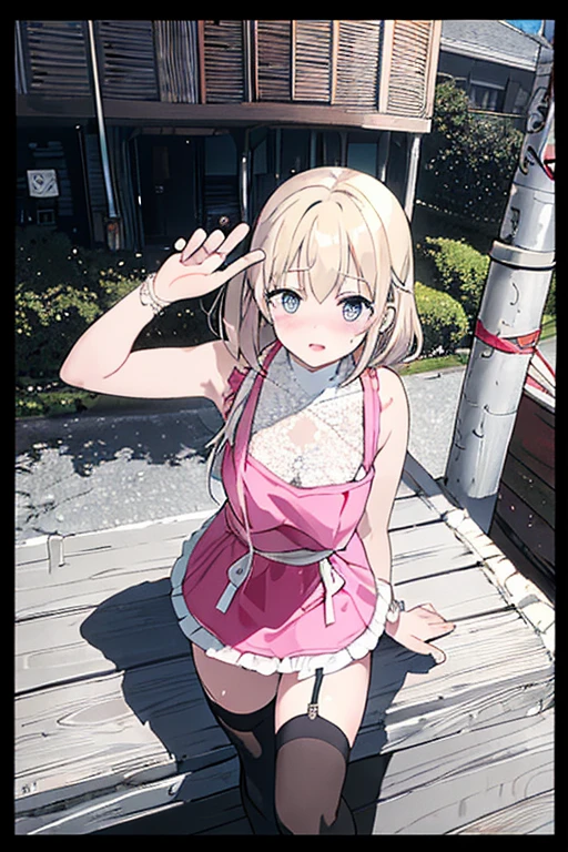 Highest quality,masterpiece,8k,Anime Style,Blondehair,pinkhair with blue eyes、camisole、race,White tight camisole, detailed armpit, portrait, side boob, micromini skirt,Cleavage,Side view,Large Breasts、,(looking back),bare back,sidetie panties,NSFW, Twin tails、Cute eyes,Sun hat(Sun hat),Japanese Festivals,Stall,evening,Smooth thighs,Accentuate your breasts,