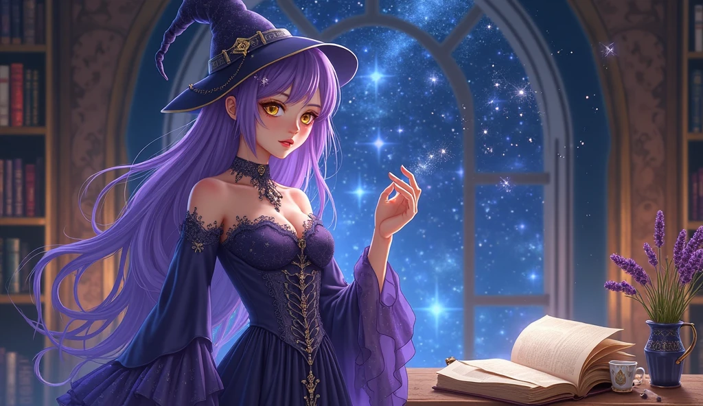 masterpiece, (((best quality))), ((highly detail eyes)), ((perfect eyes)), ((((beautiful eyes)))), both eyes are the same, smooth, (((((perfect face))))), extremely detailed 8K, high resolution, ultra quality, glare, Iridescent, Global illumination, real hair movement, realistic light, realistic shadow, perfect quality, detailed shadow and light, pixar, ((FANTASY)), ((MAGIC)), (((cinematic light))), colorful, hyperdetail, dramatic light, intricate details, best quality, (extremely detailed CG unit 8k wallpaper, masterpiece, best quality, ultradetailed, best shadow), (detailed background: 1.4), (beautiful and detailed face, beautiful detailed eyes), High contrast, (better lighting, extremely delicate and beautiful) beautiful and detailed brightness, 3D, HIPER quality, 2K, 3K, 5K, 6K, 7K, 8K,
young girl, ((ligth blue hair)), ((long hair)) (((perfect eye))), tied hair, (((black eyes)))
(((BLACK school blouse with tie))) (((pink plaid skirt))) ((((book)))) and magic wand, (((((witch hat with flowers and crystals))))), magic crystals, (((blue crystals))), detailed blouse with gold, pearls, (((((stars accessories))))), stars, (butterflies flying), (flowers)
((((big school of magic)))), school, inside the school, fantasy school, books on the shelf, magic sparkles, ((potion)), studying at school, clock, plants, candles