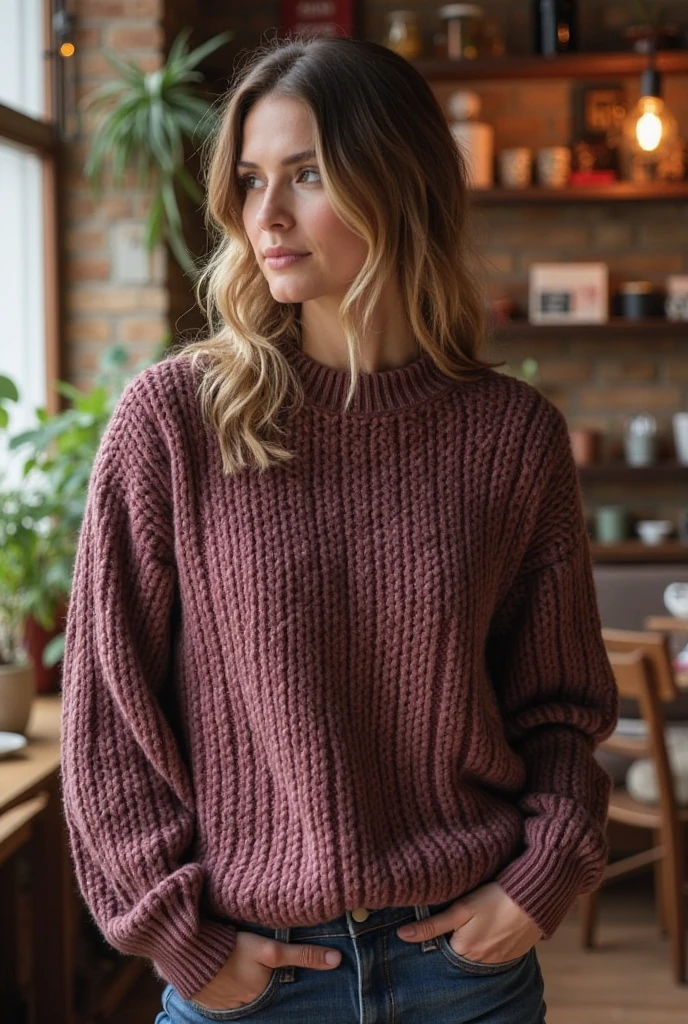 1girl, solo, Coffee shop, short pink hair, hourglass body, beanie, sweater, jeans, sitting on chair, dynamic pose, indoors, 