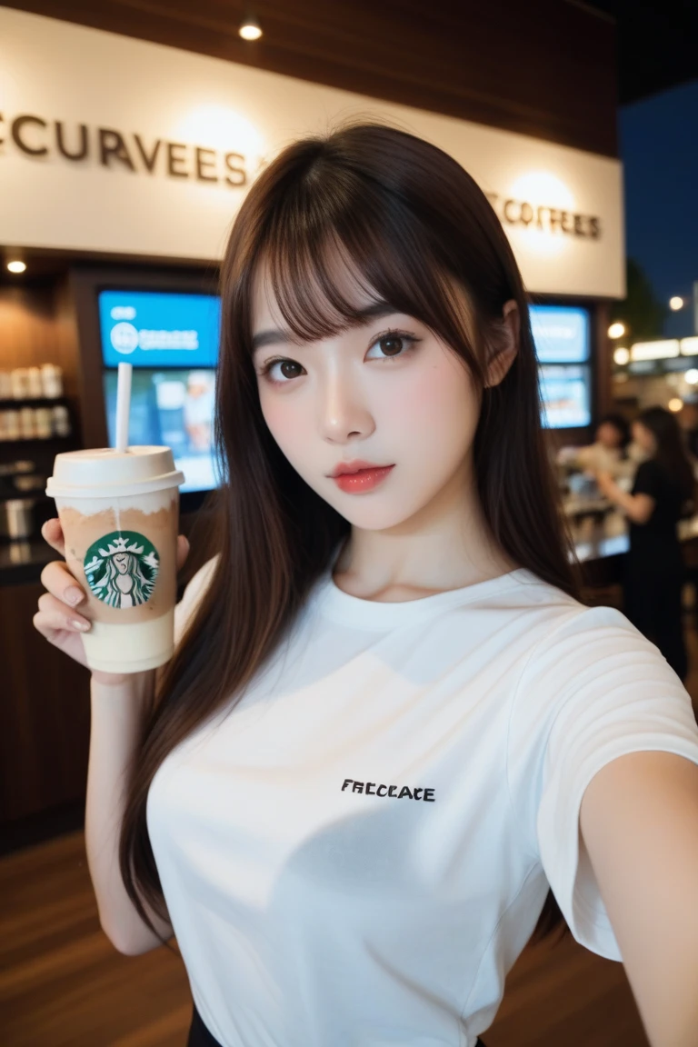 (1 chica), tetas superHugue, broncearse, piel humeda, piel sudorosa, Short brown hair, camiseta negra, drinking coffee