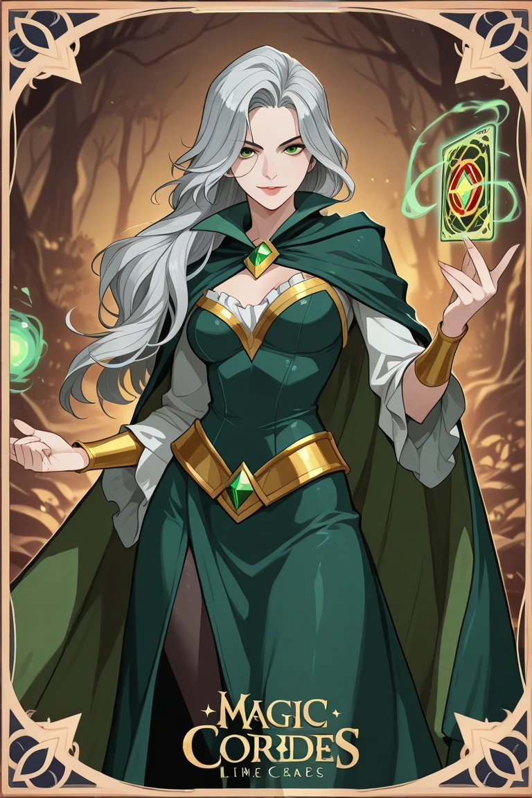 Comics style,of a 1 witch named Elisabeth with grey hair and green eyes, wearing several rings, dressed in an elegant sorceress's White robe for a heroic fantasy theme, with an intricately designed robe, in a realistic watercolor painting style with bold black lines. Super power Magic,magical awakening