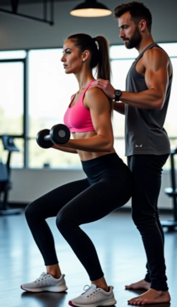 In a spacious and well-lit gym, a female instructor with a large chest is teaching a male client how to perform a strength training exercise. The gym is bustling with activity, filled with various exercise machines, free weights, and mirrored walls reflecting the energetic atmosphere. The female instructor, in her early 30s, is wearing a fitted, light pink tank top and black athletic leggings that highlight her athletic build. Her hair is pulled back into a neat ponytail, and she has a friendly, focused expression on her face. She is standing close to the male client, who is in his mid-20s and dressed in a sleeveless workout shirt and shorts, showing his enthusiasm and determination.

The instructor is demonstrating a bicep curl with a pair of dumbbells, her arms flexed and muscles defined, while explaining the correct form and breathing techniques. The male client is mimicking her movements, paying close attention to her instructions. Around them, other gym-goers are engaged in their own workouts, creating a dynamic and motivating environment. The background features rows of treadmills, stationary bikes, and a stretching area, giving a comprehensive view of the well-equipped gym.
