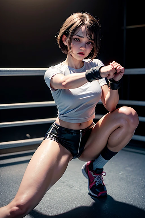 27 year old woman , white woman , dark lips, brown orange hair , looking at viewer , light blue tight see-through top , short tight brown see-through shorts , brown belt , black gloves ,hands on waist , black eyes ,g cup breast, perfect body ,masterpiece ,thin waist ,show arms ,show waist and tummy, very big butt , tomb raider feel , sweat , show full body , bending over 90 degrees ,man behind her having sex with her