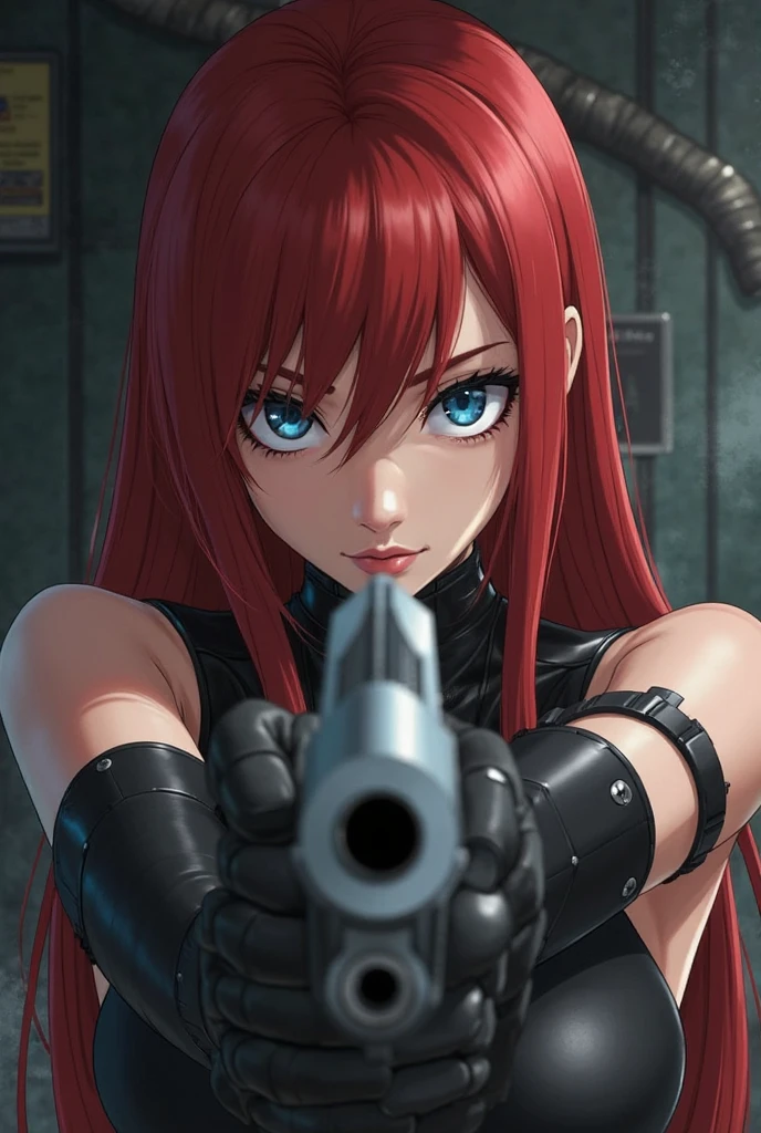 The image features a girl known as Black Widow with red, shoulder-length hair, and dressed in a sleek skin-tight shiny black latex bodysuit with a deep-cut zipper neckline revealing a large chest, the silver zipper running down the front. The suit is complemented by her golden wrist guard on both wrists and a black silver belt made of shiny black circles with a red "black widow" symbol buckle. She handles an AK-47 rifle with her right hand, one on top of the other. She appears with a cute smile on her face. She is set against a dark, black background, which contrasts her appearance and emphasizes her figure. From her intense gaze and serious expression, she appears confident, powerful, and ready for action.