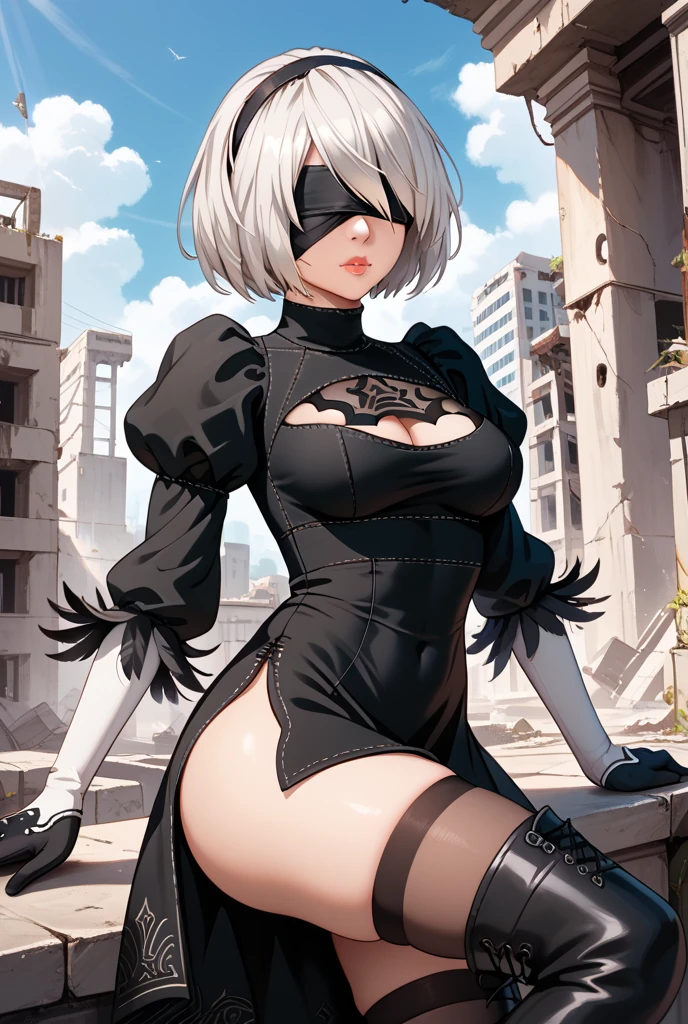 A blindfolded Yorha2b with a mechanical body stands in Aleppo Citadel, Syria. Their hair is a striking shade of grey. The scene is rendered in a photorealistic style, with cinematic lighting creating dramatic shadows and highlights. The image is of the highest quality, with ultra-detailed features and textures. It is a masterpiece, capturing every intricate detail of the character and the surrounding environment.