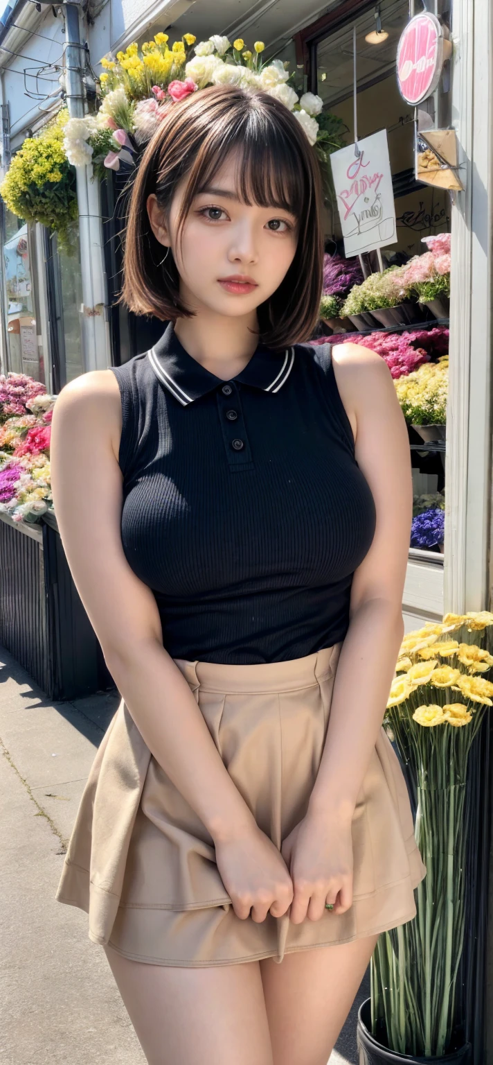 (masterpiece:1.3, top-quality, ultra high res, ultra detailed), (realistic, photorealistic:1.2), beautiful illustration, perfect lighting, natural lighting, colorful, depth of fields, , 
beautiful detailed hair, beautiful detailed face, beautiful detailed eyes, beautiful clavicle, beautiful body, beautiful chest, beautiful thigh, beautiful legs, beautiful fingers, shiny skin, 
looking at viewer, 1 girl, japanese, 22 years old, (perfect anatomy, anatomically correct, super detailed skin), cute and symmetrical face, babyface, perfect face, perfect eyes, perfect fingers,
(middle hair, straight hair, hair slicked back:1.6, blue hair), parted bangs, dark purple eyes, big eyes, drooping eyes, long eyelashes, faint lips, (large breasts, seductive thighs), outstanding style, 
(detailed cloth texture, break, sleeveless collared polo shirt, tight skirt, black apron), break, 
(beautiful scenery), ((behind flower shop:1.5)), standing, ((hold a big bouquet:1.2)), (parted lips), 