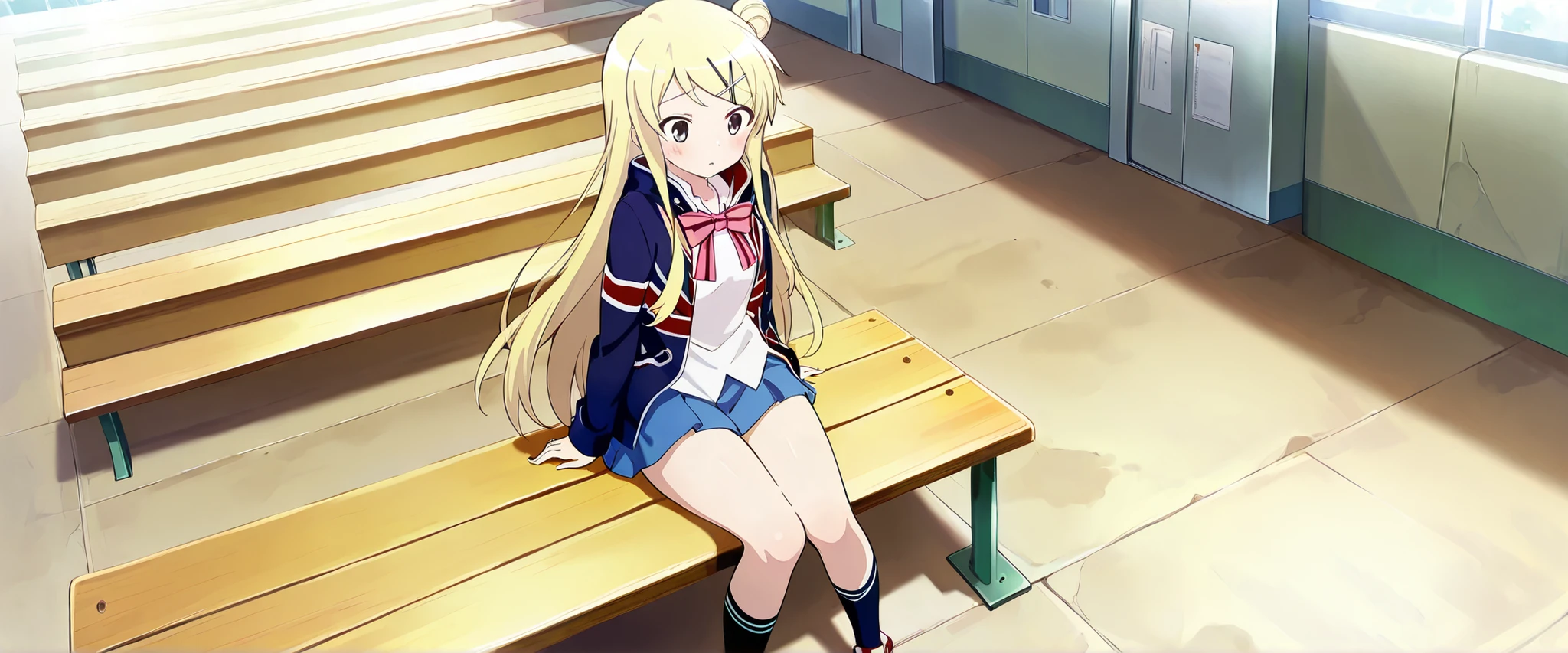 1girl,unwellness(autonomic nervous system disorder and depression) thick thighs Kujou Karen very long hair,blonde hair,single hair bun,hairclip,x hair ornament,sidelocks,side swept bangs,black eyes,white shirt,collared shirt,union jacket,pink bowtie,neck ribbon,pink ribbon,long sleeves,small breasts,miniskirt,blue skirt,black socks,red footwear,  sitting alone on the school bleachers
koutei,scenery,outdoors