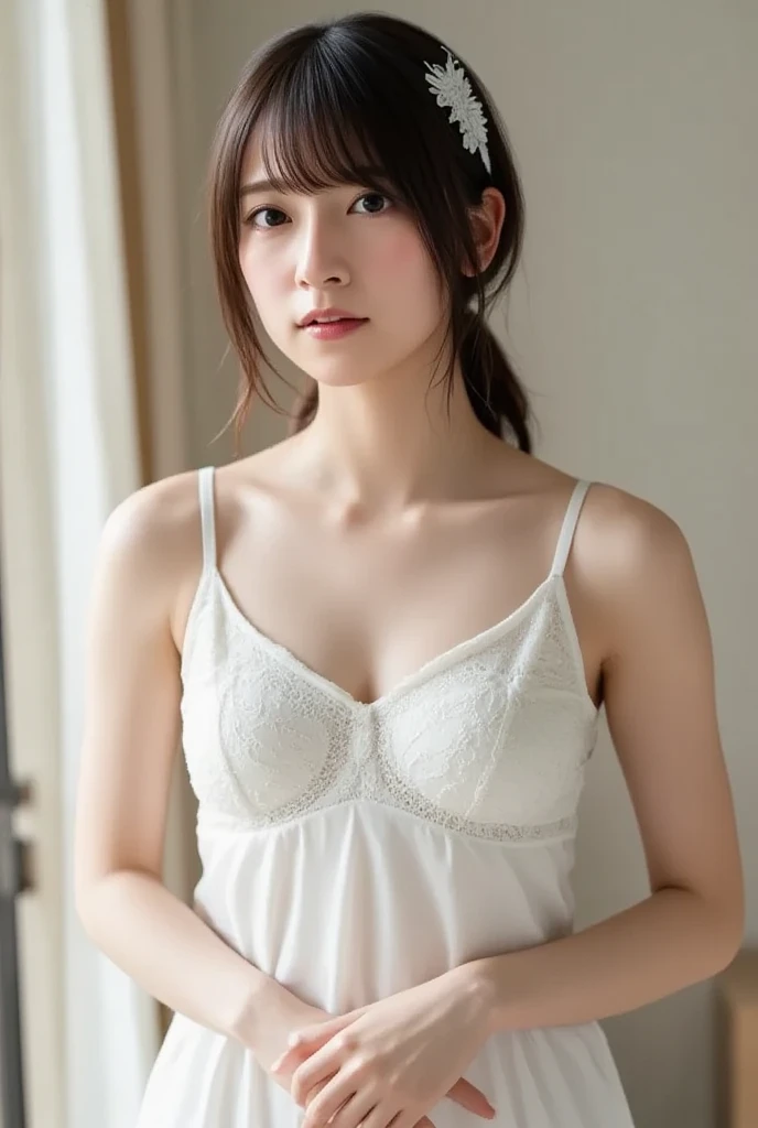 Realistic, Browsing Caution, (On the bed), (Lying down), From above, Black idol dress, Light Smile
