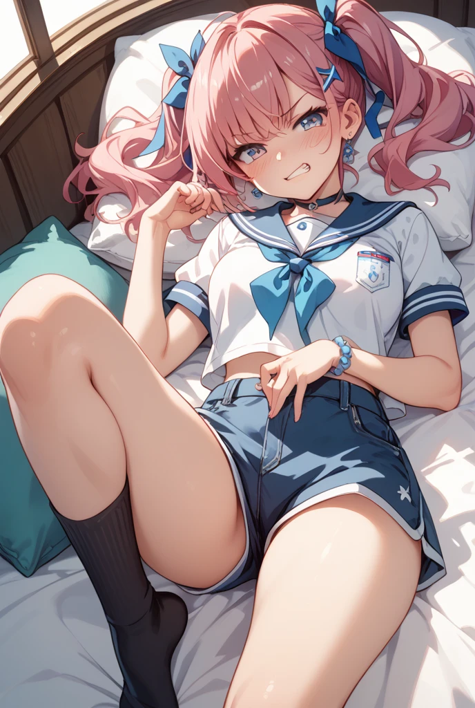 black pantyhose,loli,sailor,skirt,cute,lying,,pink hair,twintails,,shy,medium breasts,panties under pantyhose