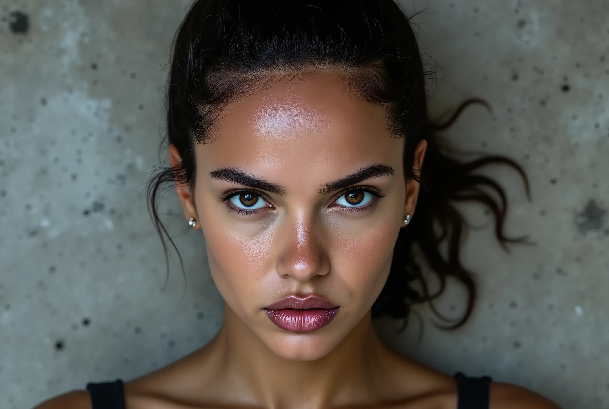 close up image of woman looking directly and intensely into the camera, her head slightly tilted down, intimidating, piercing eyes, concrete background