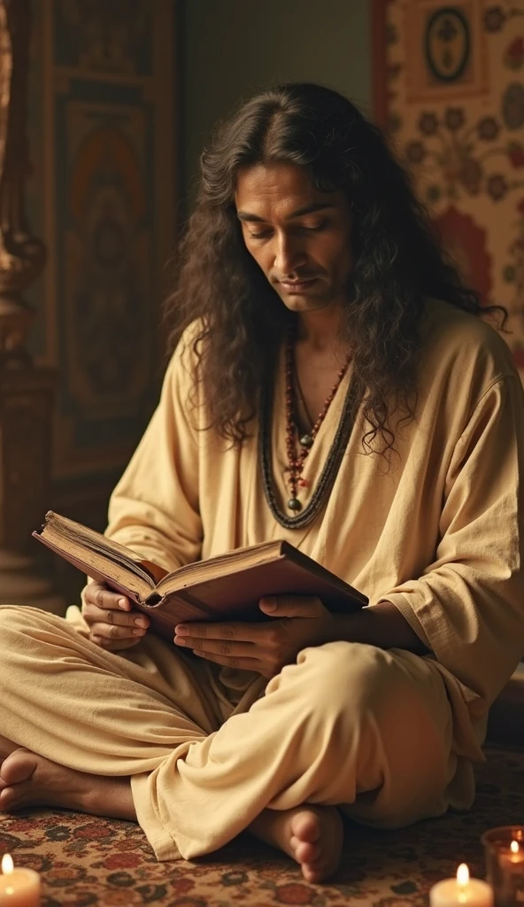 Young strong hairy and bearded Bolivian man in white underwear, Islamic cap on the head, sitting on the red carpet reading a green-covered holy book in his hands.