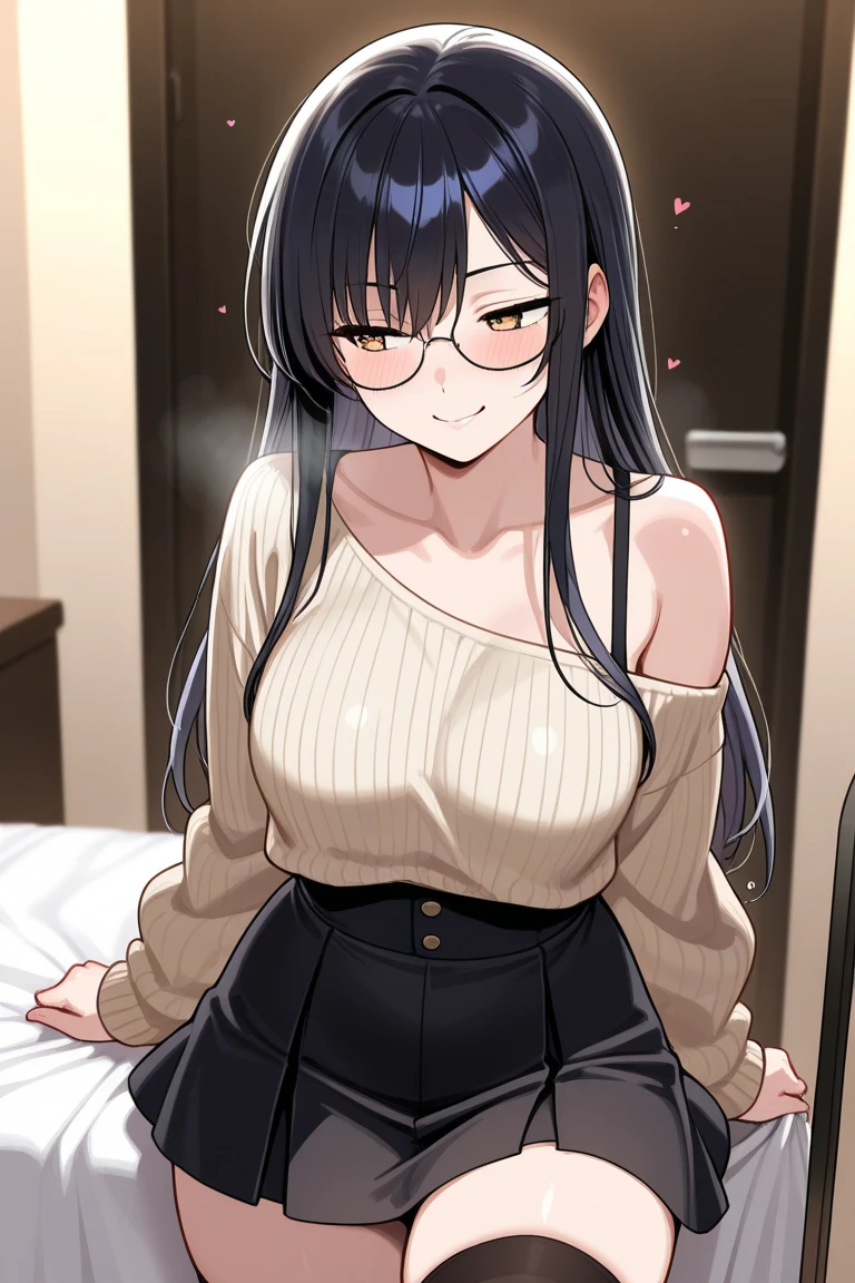 ((extremely detailed CG unity 4k wallpaper)),(masterpiece),(ultra quality),(ultra-detailed),(best illustration),(best shadow),(Extremely Detailed),(absurdres),(detailed background), Chisato Haswegawa, 1girl, alone,breasts, sweater, black hair, long hair, Antenna hair, glasses, mature, adlut woman, blush, green eyes, Beautiful Detailed Eyes, jewelry, cleavage, looking at viewer, suducing stare, necklace, medium breasts, off-shoulder sweater, off shoulder, collarbone, leggings, bangs, nail polish, solo, earrings, pov, straddling, girl on top, closed mouth, frilled shirt, backlighting, indoors, couch