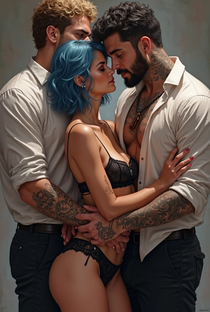 man strong, with tattoos, young man sitting in a chair with a cigarette in his mouth and a glass of whiskey in his hand , girl in front of you, half naked, with black hair and a sculptural body

