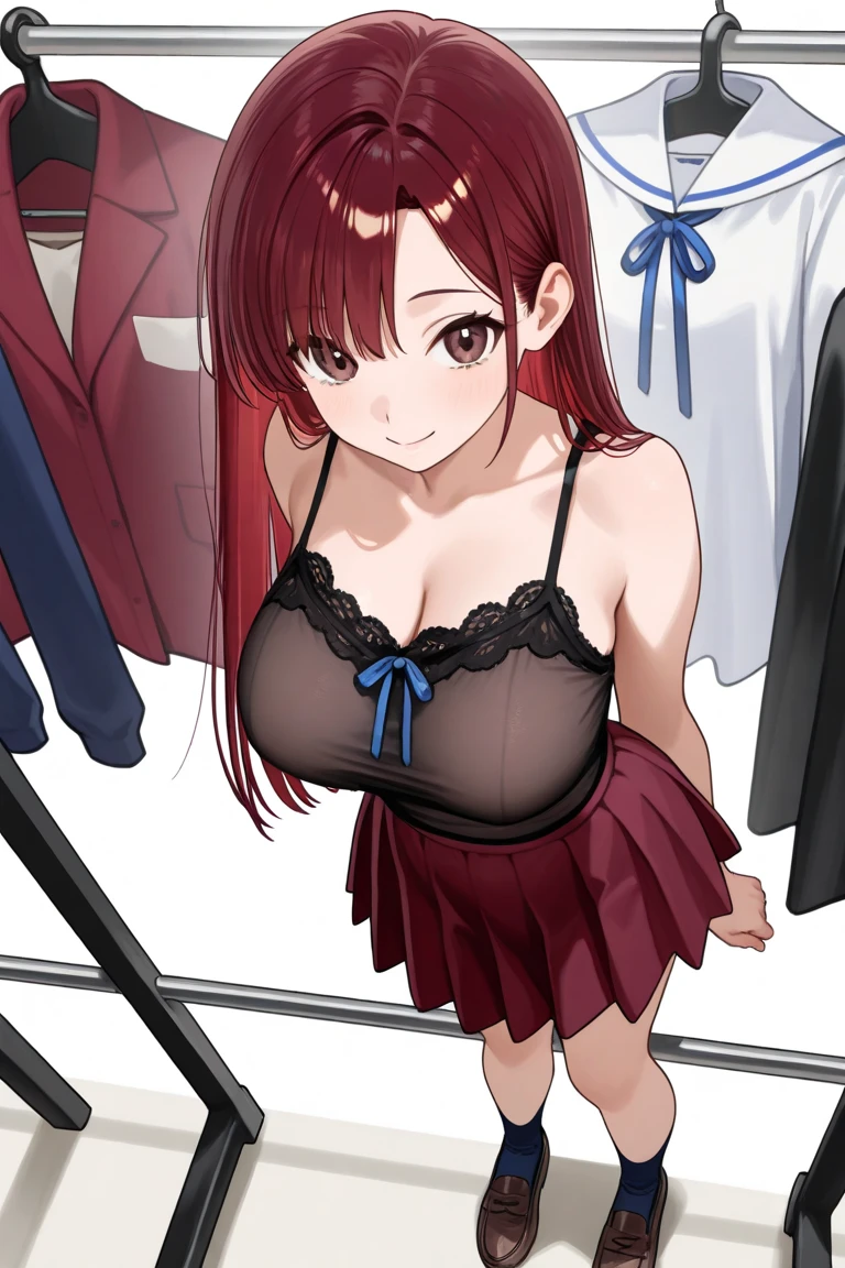 alone, One girl, Yunyun, (Troubled expression:1.2)、 Crown braids of the same color as your hair, Red Eyes、hair ornaments, Hair Ribbon, Pink tie, Long sleeve, Pink Skirt, Knee socks, Cleavage,  Choosing a bikini swimsuit at a shop