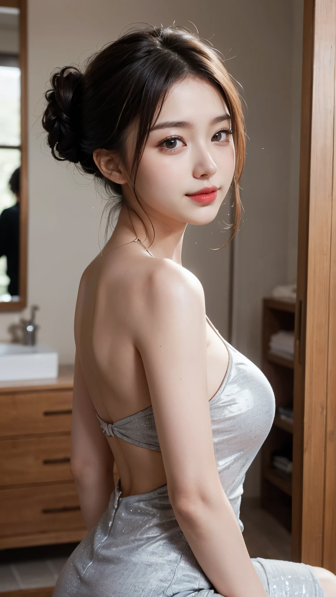 From the side, hip-up, (adilin)), side pose, random pose, nighttime, (very delicate and beautiful work), (masterpiece), for single, streetwear, high definition ponytail, distorted expression, beautiful clear eyes, blue pupils, delicate pearl necklace, delicate earrings, simple blurred background, ultra-fine depiction, beautiful, charming, ultra-fine painted, delicate face (8k, RAW photo, top quality, masterpiece: 1.2), (delicate figure, slender collarbone, nice lips, soft back, mix4), (realistic, photorealistic: 1.37), girl, cute, cityscape, night, rain, humidity, professional lighting, photon mapping, radiosity, physically based rendering, waist circumference