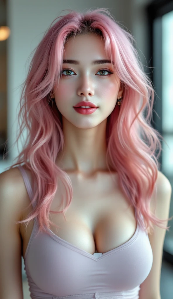 Nationality: Japanese-British mixed
Face Shape: Sexy appearance
Hairstyle: Long light pink hair
Eyes: Blue
Skin Tone: Fair
Outfit: Missy look style, ripped skirt, and V-neck t-shirt
Body Type: Slim and 
3D 느낌으로 치마는
더  보여줘