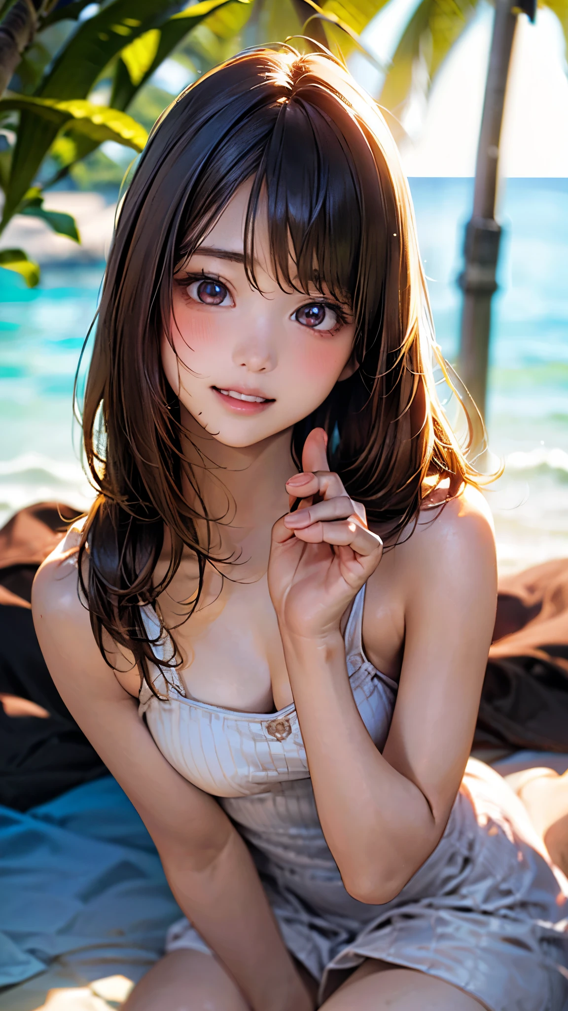 8K、master piece、highest quality、highest level、Highest image quality、muste piece、intricate details、high resolution、depth field、Natural light、professional lighting、(1 person)、solo、Anglo-Saxon girlish girl、(cute:1.2)、very beautiful cartoon girl、(high detail skin: 1.2)、Photorealistic anime girl rendering、Realistic anime 3D style、golden hair with details、crossed bangs、asymmetrical bangs、stick out ears、eyelashes、intense blue eyes、strong eye highlights、perfect anatomy、hands behind the back、very mysterious smile、Attractive、body wet with water、((12 year old girl))、wearing detailed pink underwear、cute bra、cute panties、sandbeach、beach side、Beach where you can see the sunset at 6pm、red sunset clouds、