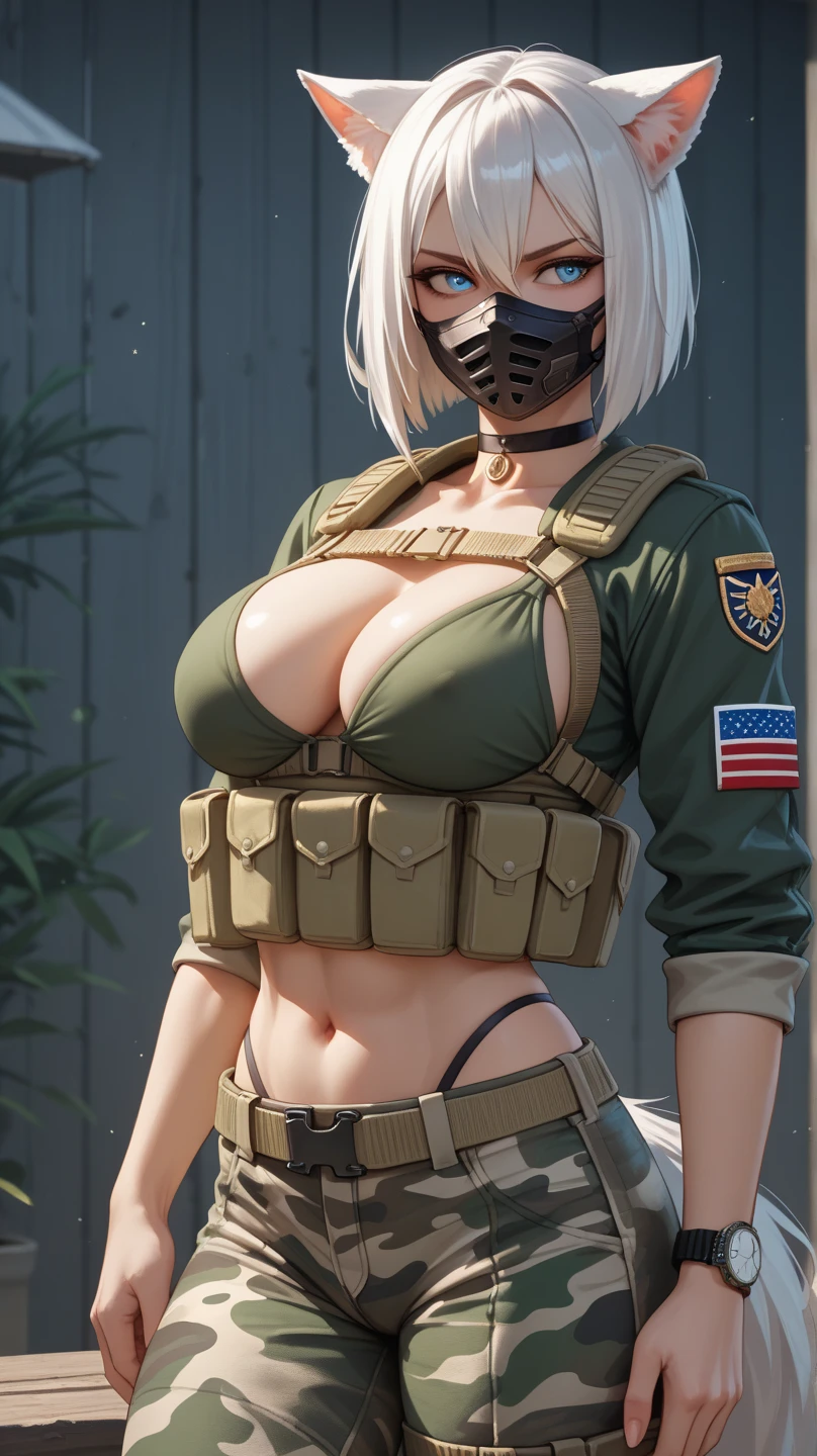 ((NSFW,,large areola、Beautiful nipple、toppless,shinny skin:1.5),((masterpiece、top-quality、realisitic、ultra-detailliert、hight resolution、Photorealsitic、foco nítido))、Stunning portrait of a beautiful woman、bustshot、Focus from the chest up、sad Facial expression、With an oval face and symmetrical facial structure、Soft skin、pale white skin、Mouth closed、Blood on the face、sad Facial expression、Beautiful detailed eyes、Soldier's hairstyle、short cropped hairstyles、Camouflage helmet、Beautiful detailed eyes、Army camouflage uniform、Camouflage Tactical Vest、Long trousers with camouflage pattern、Combat gloves、rucksack、Black Military Undershirt、Tanks on the background、White smoke、Detailed hand depiction,((Nipples are visible))