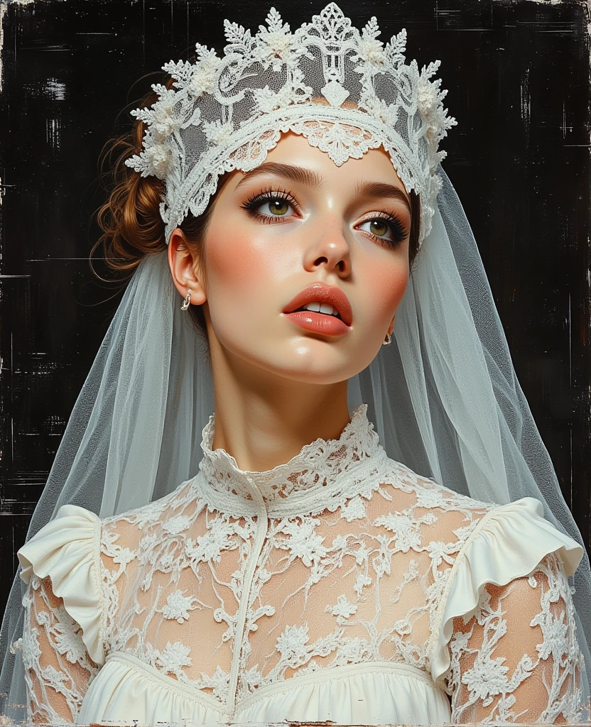 <lora:sl4v1ccr0wn_multi_2-000009:1>sl4v1ccr0wnwh1t3, a woman in a wedding dress with a Russian kokoshnik on her head and a veil on her head, Elina Karimova, fantasy style