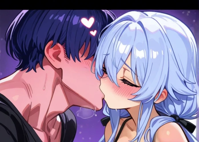 score_9,score_8_up,score_7_up,a picture of a couple,1girl and 1 boy,
yinji,1girl,purple_hair,red eyes,very_long_hair,grey_hair,gradient_hair(black latex dress) , 1boy, blue eyes, black hairs , blue shirt,cool,hugging each other and kissing, bedroom